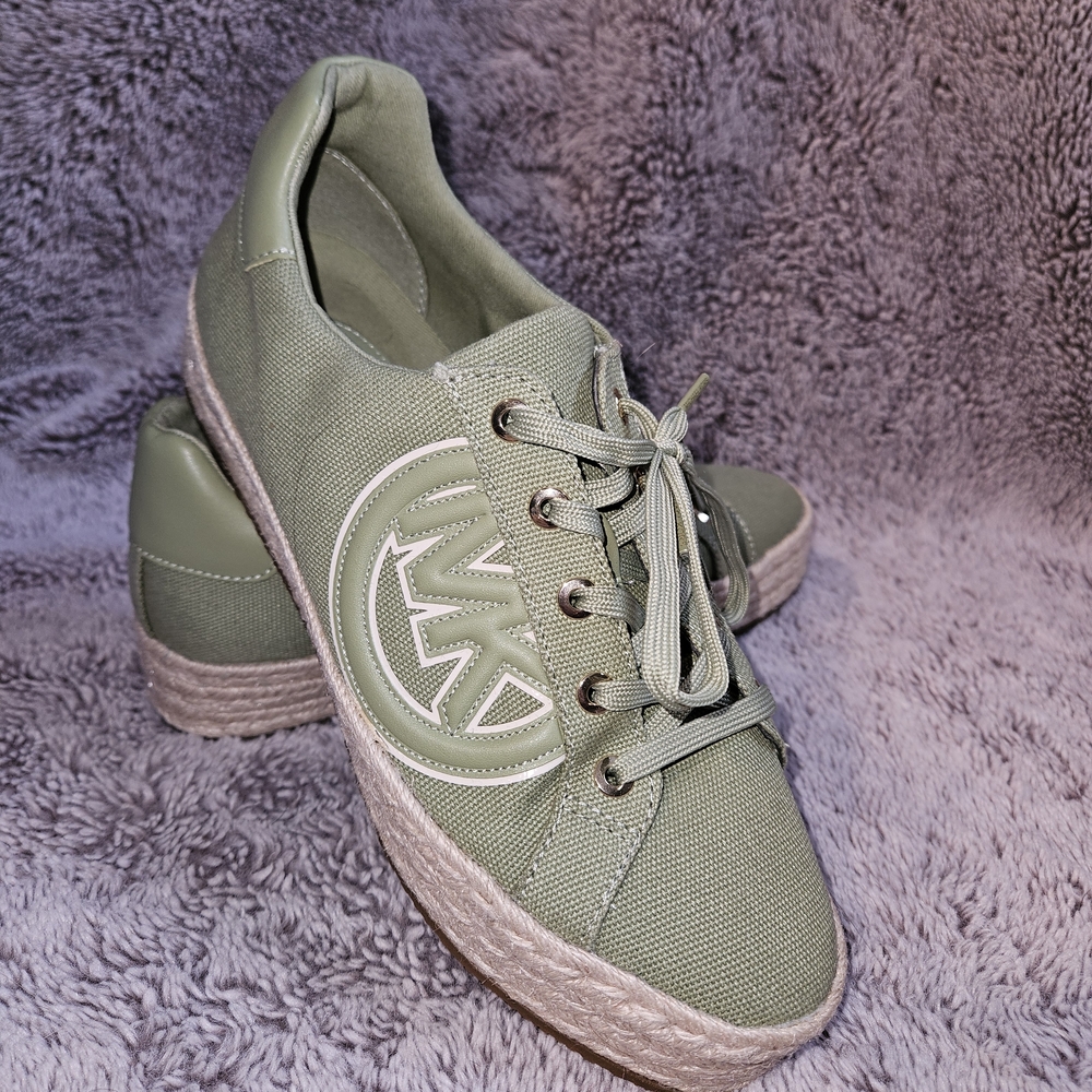 Michael Kors Poppy Espadrille Sneakers Sage Green Canvas Platform Logo W 8.5